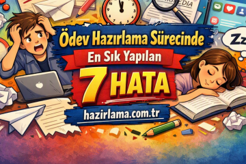 Renkli afiş: ödev hazırlama sürecinde en sık yapılan 7 hata başlığı, çalışan ve uyuyan iki öğrenciyle.