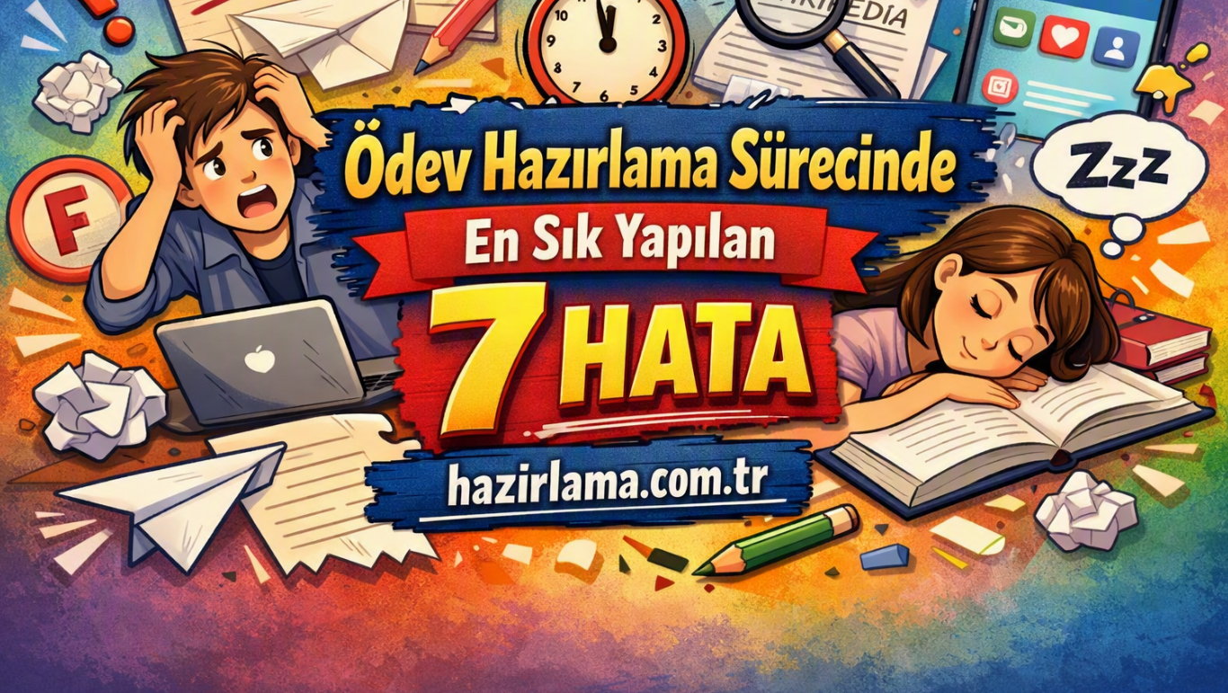 Renkli afiş: ödev hazırlama sürecinde en sık yapılan 7 hata başlığı, çalışan ve uyuyan iki öğrenciyle.