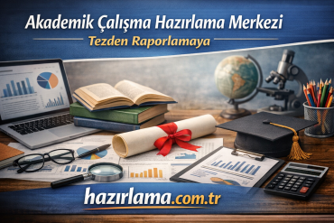 Banner advertising a center for academic work, with books, diploma, laptop charts, globe, microscope, and study supplies; text reads 'Akademik Çalışma Hazırlama Merkezi' and 'tezden raporlamaya'.