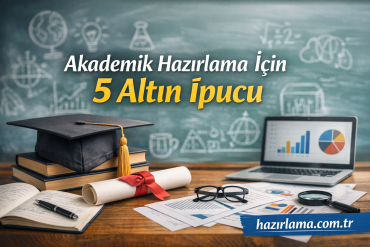 Turkish educational banner reading '5 Altın İpucu' over a desk with a graduation cap, diploma, glasses, notebook, and a laptop showing charts.