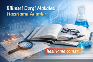 Turkish: 'Bilimsel Dergi Makalesi Hazırlama Adımları' with open book, glasses, pen, papers, and lab glassware on a desk; hazirlama.com.tr banner in foreground