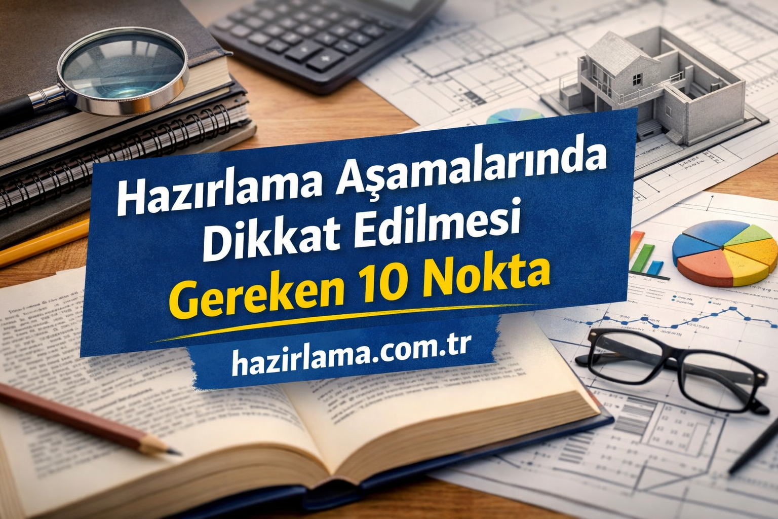Blue sign with Turkish text about 10 points to consider in preparation, placed over a desk with charts, books, and a model house.