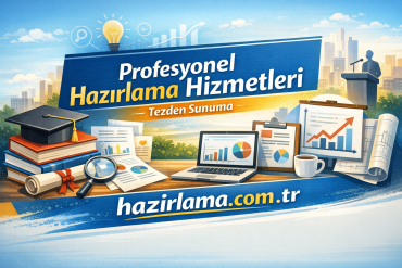 Promotional banner for professional thesis-to-presentation services with books, graduation cap, charts, and hazirlama.com.tr