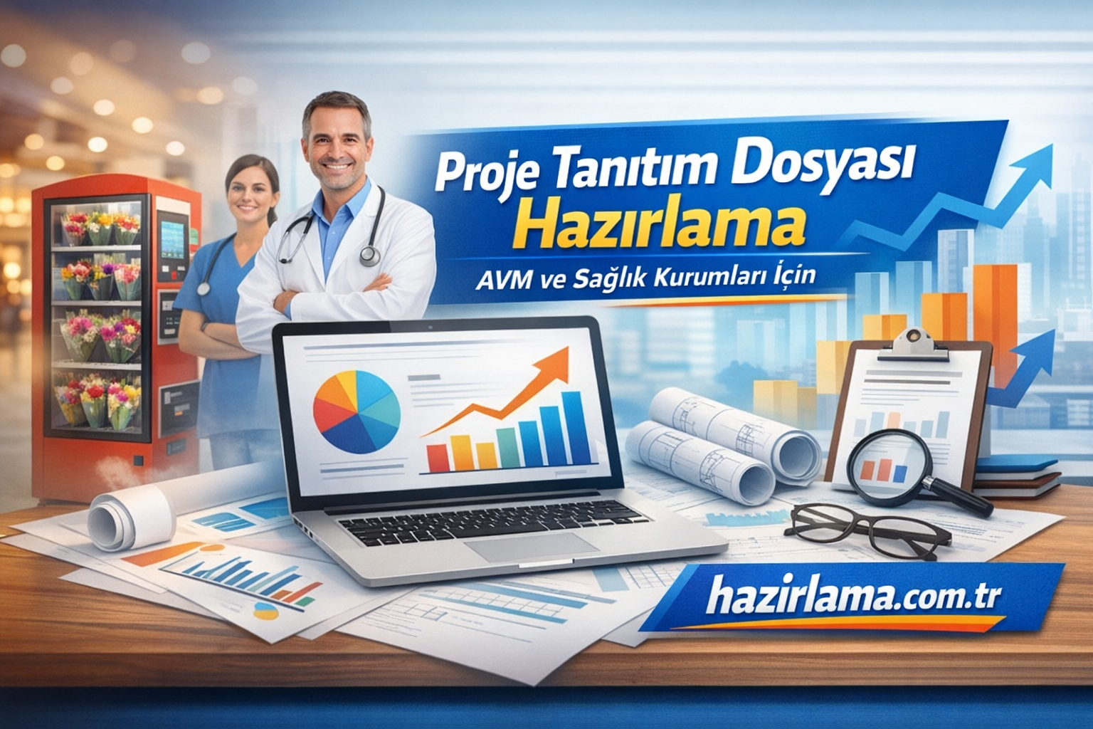 Medical professionals smiling beside a laptop that displays charts, with a Turkish banner reading 'Proje Tanıtım Dosyası Hazırlama' in the background.