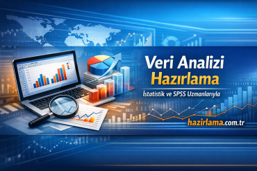Veri Analizi Hazırlama başlıklı, laptop ve grafiklerle dolu veri analizi arayışını gösteren banner (istatistik ve SPSS uzmanlığı vurgulanıyor).