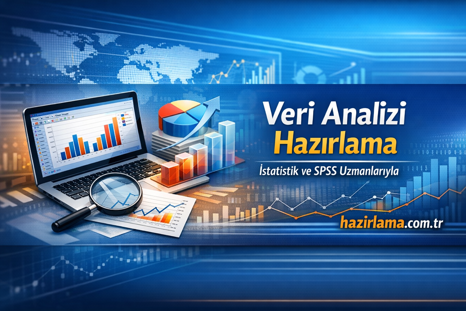 Veri Analizi Hazırlama başlıklı, laptop ve grafiklerle dolu veri analizi arayışını gösteren banner (istatistik ve SPSS uzmanlığı vurgulanıyor).