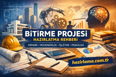 Bitirme Projesi Hazırlatma Rehberi - Hazırlamak İstediğiniz Her şey İçin Tek Adres Turkish poster advertising Bitirme Projesi Hazırlatma Rehberi with engineering imagery: robot arm, gears, charts, books, hard hat, and a world-map background; hazirlama.com.tr