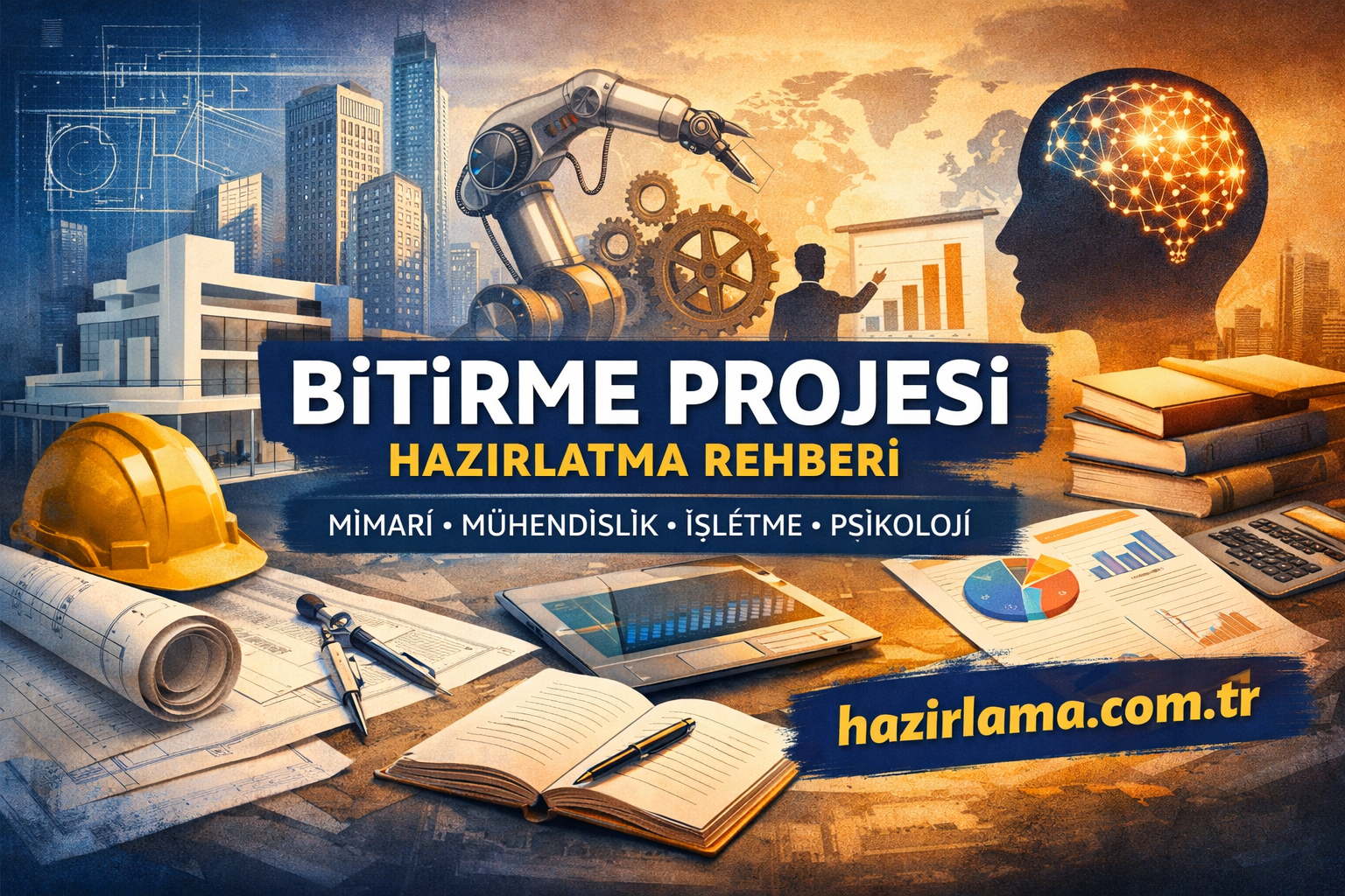 Turkish poster advertising Bitirme Projesi Hazırlatma Rehberi with engineering imagery: robot arm, gears, charts, books, hard hat, and a world-map background; hazirlama.com.tr