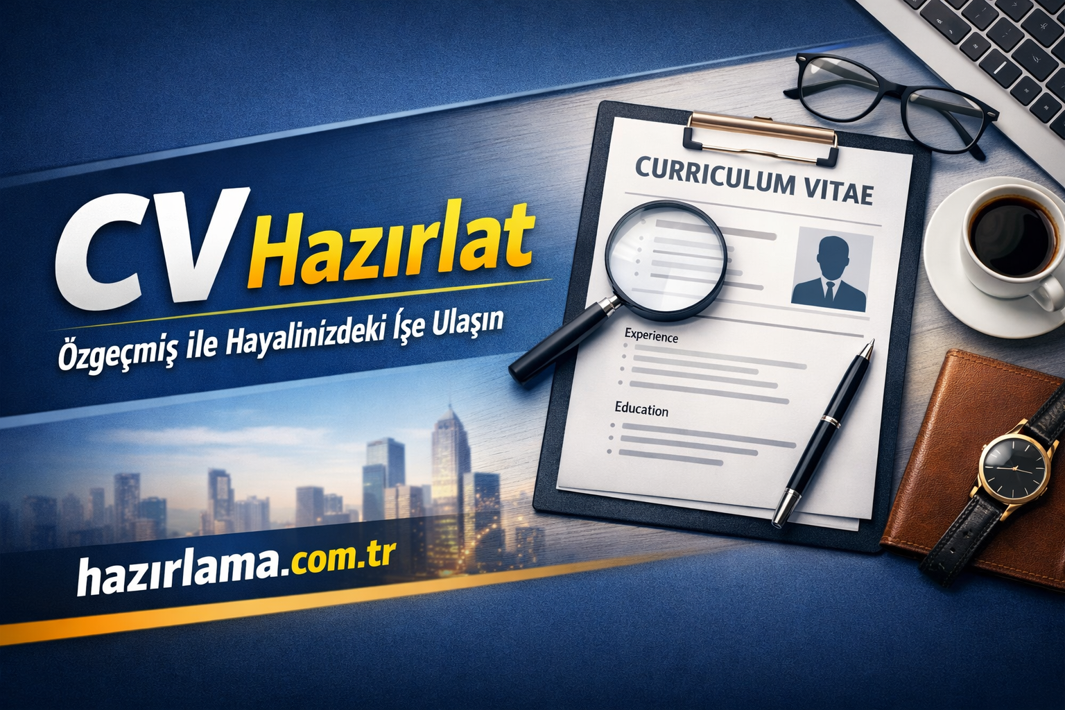 Turkish CV preparation ad featuring a clipboard resume, magnifying glass, glasses, coffee, and a laptop on a desk.
