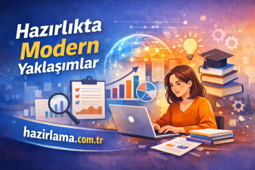 Woman typing on a laptop surrounded by graphs, a globe, and data visuals illustrating modern educational approaches.
