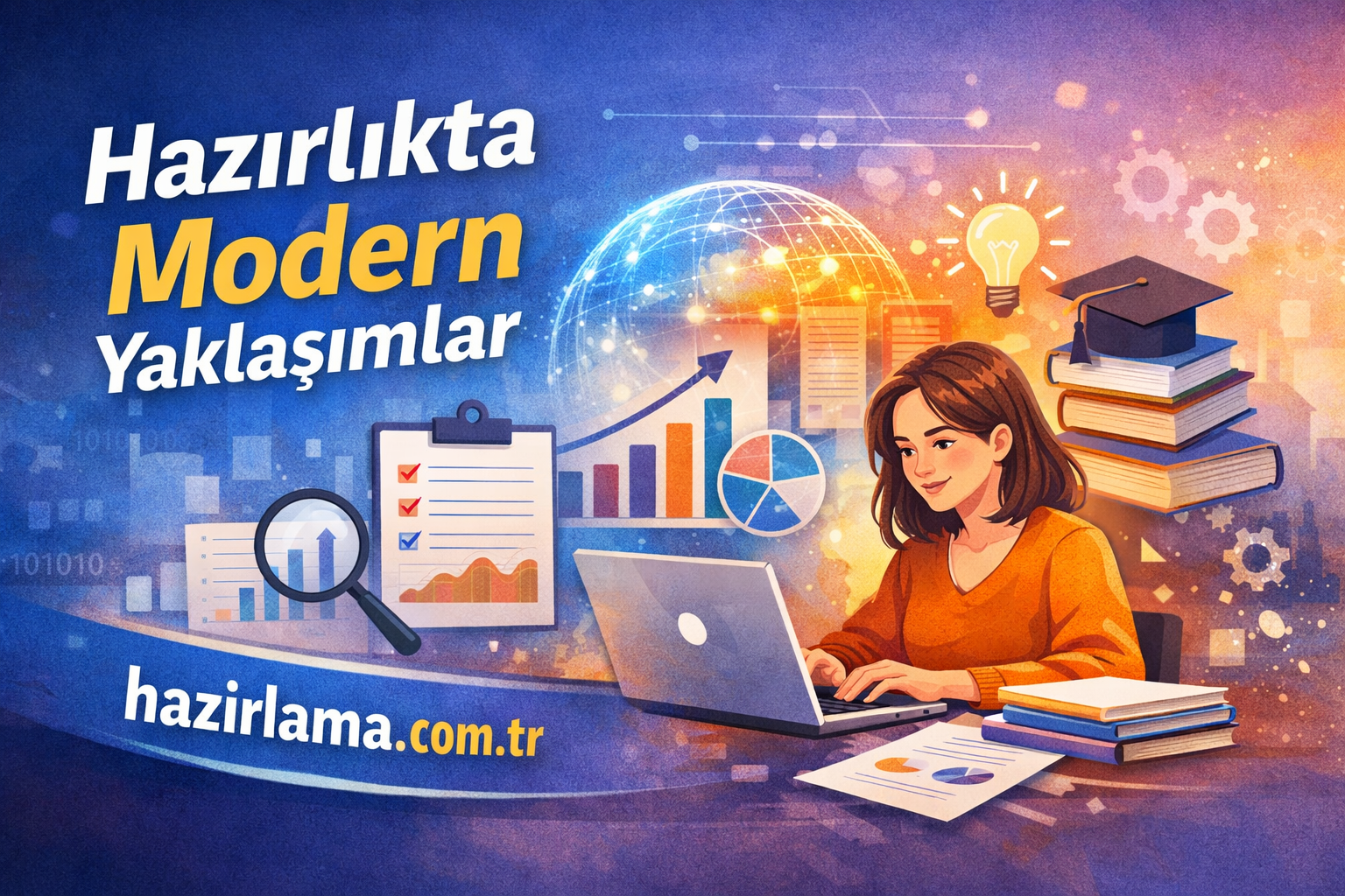 Woman typing on a laptop surrounded by graphs, a globe, and data visuals illustrating modern educational approaches.