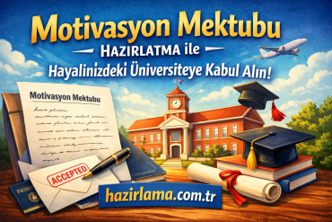 Motivasyon mektubu hazırlatma ile hayalinizdeki üniversiteye kabul alın reklamı: üniversite binası, diploma, kalem ve zarf içeren masa görseliyle