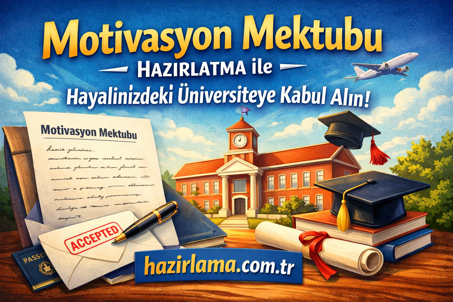 Motivasyon mektubu hazırlatma ile hayalinizdeki üniversiteye kabul alın reklamı: üniversite binası, diploma, kalem ve zarf içeren masa görseliyle