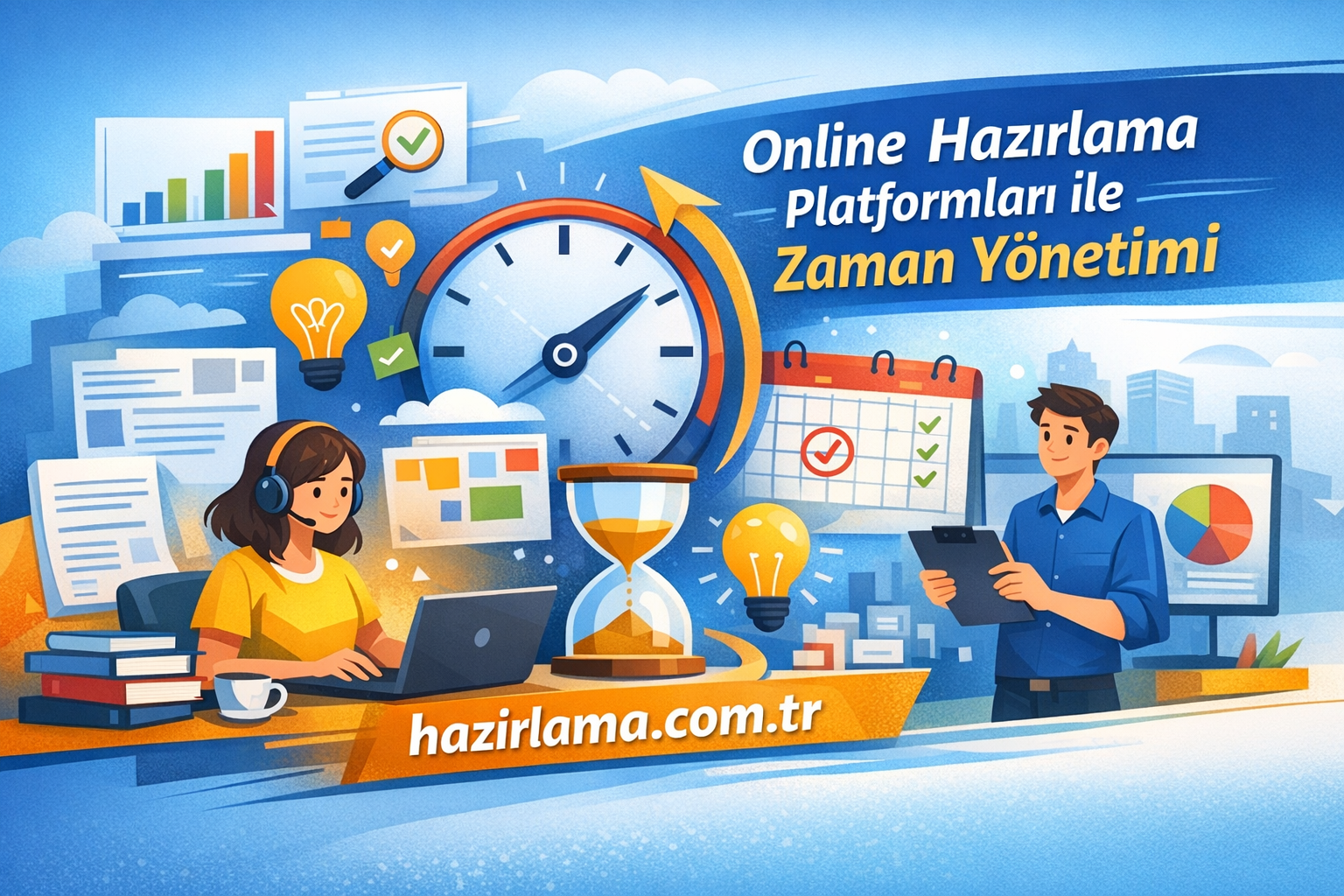 Illustration of two people working at desks with a large clock, hourglass, charts, and calendar, promoting online preparation platforms for time management (Turkish banner).