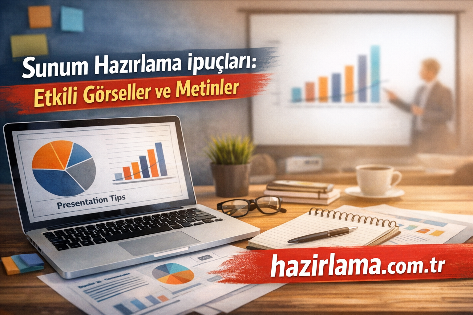 Turkish presentation tips banner over a desk with a laptop displaying charts, notebook, and glasses on the table.