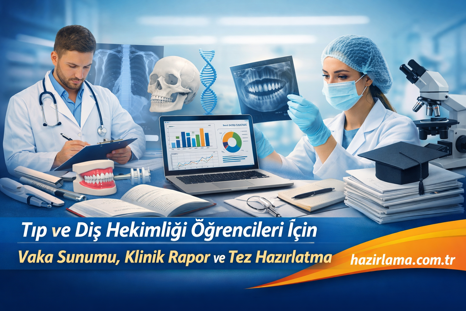 Medical professionals in a lab with X-ray images, a skull model, and a laptop showing charts; Turkish banner text about case presentations for medical and dental students.