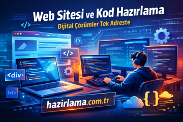 Coder working at a multi-monitor setup coding websites, with a Turkish banner about Web Site and Code Preparation and a .com.tr URL in the foreground.