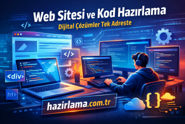Web Sitesi ve Kod Hazırlama Dijital Çözümler Tek Adreste - Hazırlamak İstediğiniz Her şey İçin Tek Adres Coder working at a multi-monitor setup coding websites, with a Turkish banner about Web Site and Code Preparation and a .com.tr URL in the foreground.