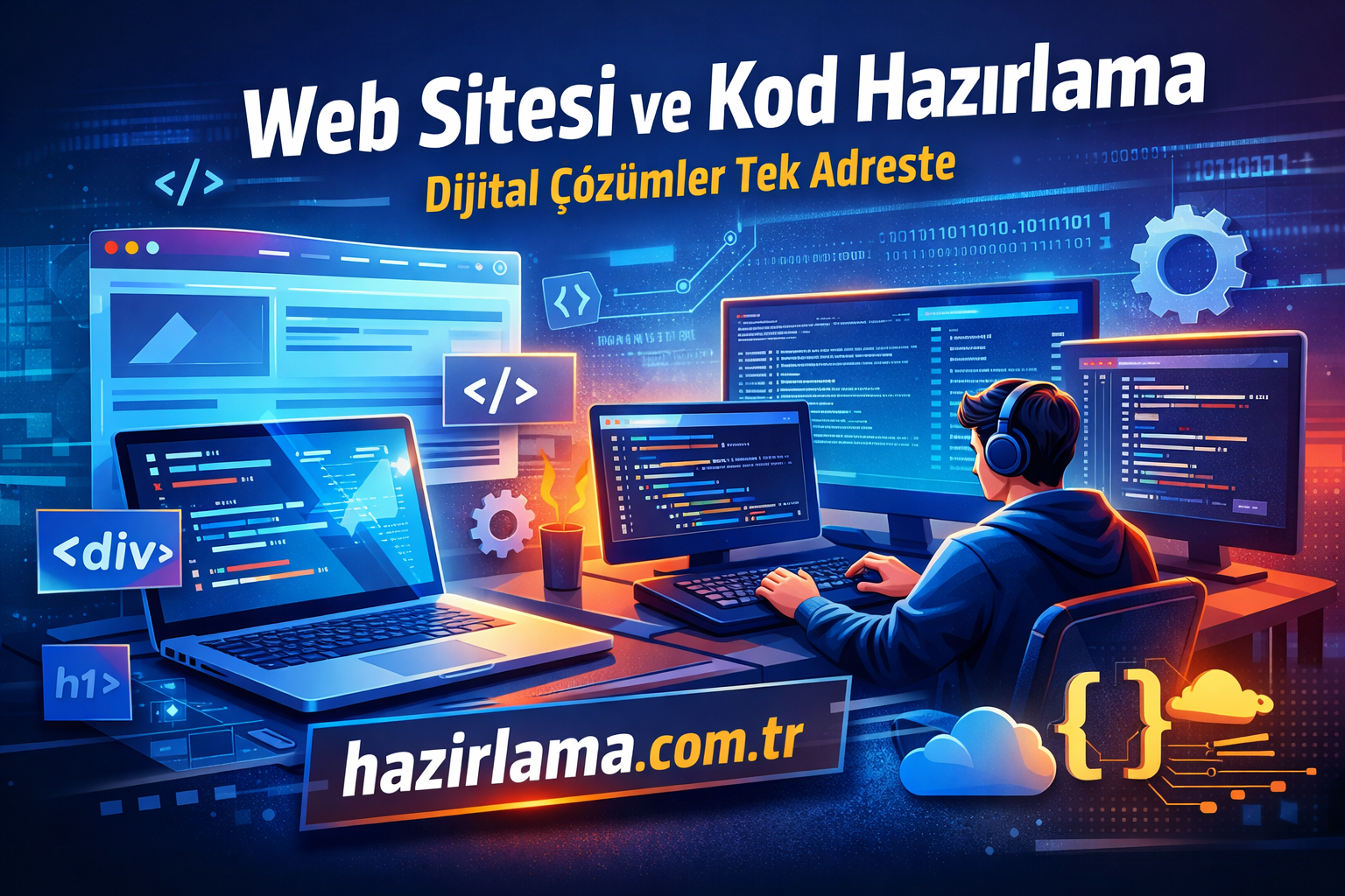 Coder working at a multi-monitor setup coding websites, with a Turkish banner about Web Site and Code Preparation and a .com.tr URL in the foreground.