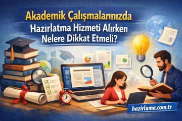 Vibrant educational illustration promoting academic prep services with books, laptop, and a hazirlama.com.tr banner.