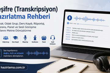 Turkish poster about transcription preparation guide with icons for interview, focus group, recording, interview, conference, panel and audio meeting beside a laptop and microphone.