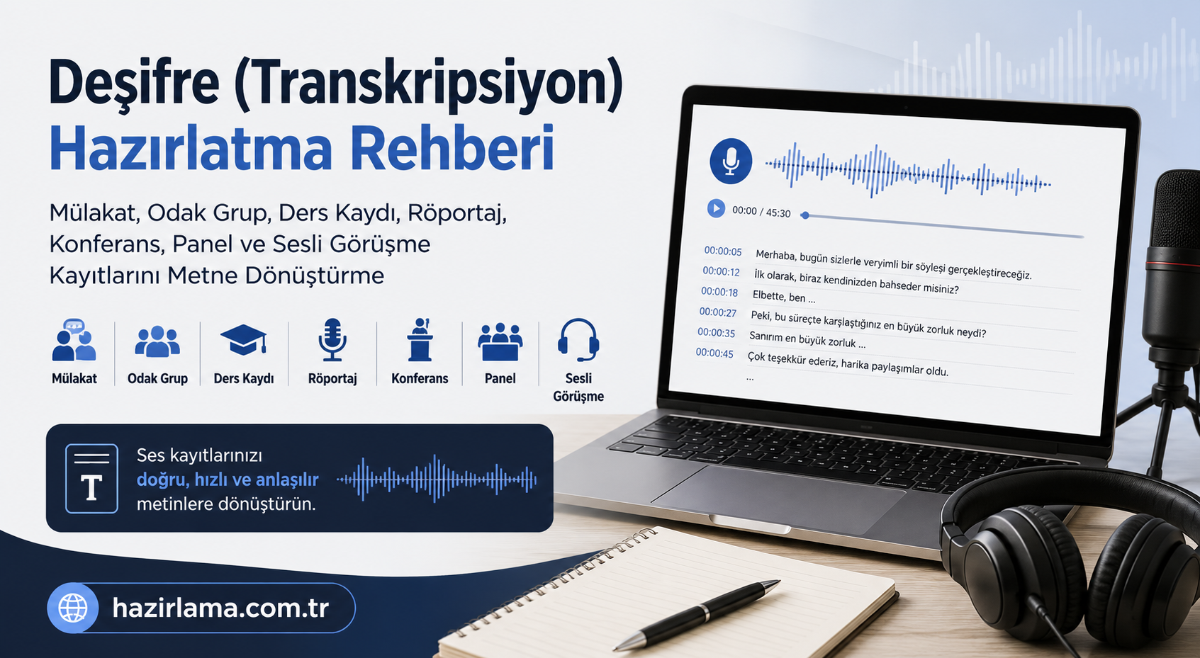 Turkish poster about transcription preparation guide with icons for interview, focus group, recording, interview, conference, panel and audio meeting beside a laptop and microphone.