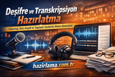 Turkish-language podcast setup with microphone, headphones, laptop showing audio waves and papers, promoting hazirlama.com.tr (transcription prep).