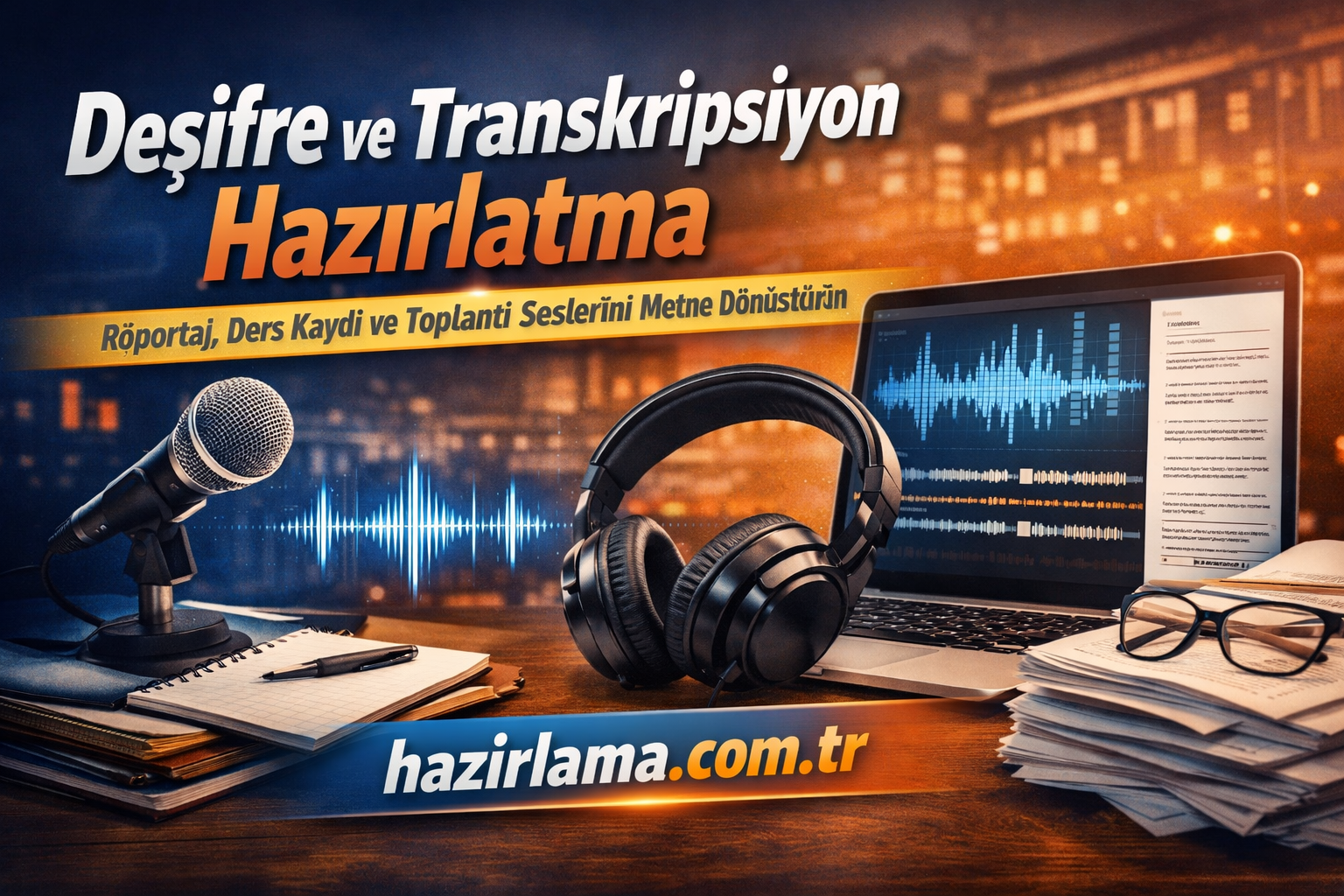 Turkish-language podcast setup with microphone, headphones, laptop showing audio waves and papers, promoting hazirlama.com.tr (transcription prep).