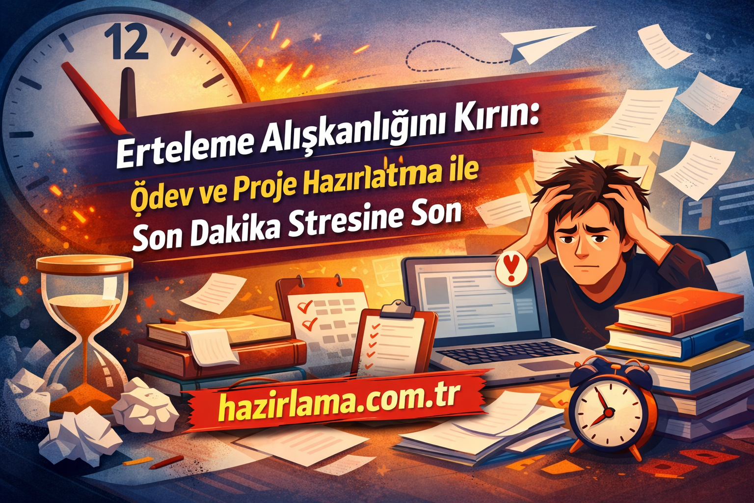 Stresli bir öğrenci, dağınık masa ve saatli bir zaman baskısı altında ödevleri son dakikaya bırakmanın stresini yaşıyor; afiş mesajı odaklı görsel.
