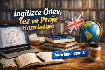 İngilizce ödev, tez ve proje hazırlatma başlığıyla masaüstünde kitaplar, dizüstü bilgisayar, gözlük, dünya küresi ve kahve bulunduğu öğrenme ortamı.
