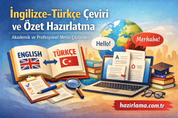 Colorful poster showing an English-Turkish translation study scene with a globe, books, a laptop, and the site hazirlama.com.tr in the corner.