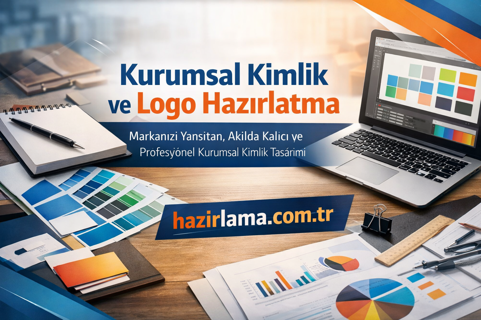 Banner advertising Kurumsal Kimlik ve Logo Hazırlatma with a laptop, color swatches, and charts on a wooden desk.