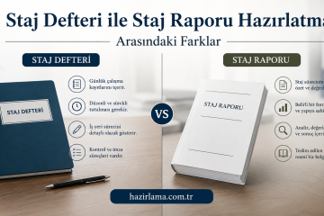 Two-column infographic comparing Staj Defteri (left) and Staj Raporu (right) with a VS in the center and a blue notebook vs white report on a desk. Includes bullets/icons describing features and the site hazirlama.com.tr.
