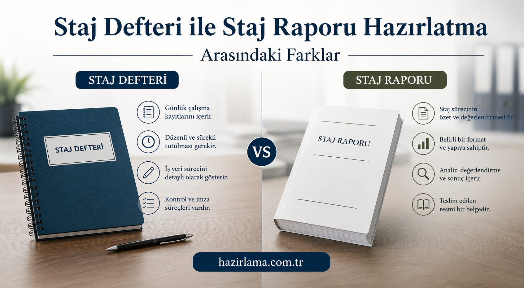 Two-column infographic comparing Staj Defteri (left) and Staj Raporu (right) with a VS in the center and a blue notebook vs white report on a desk. Includes bullets/icons describing features and the site hazirlama.com.tr.