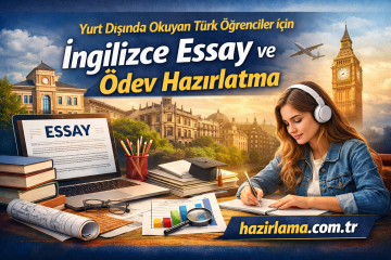 Promotional banner for Turkish students abroad offering English essay and assignment help, with a student writing and a laptop showing ‘ESSAY’ on screen, and London landmarks in the background.