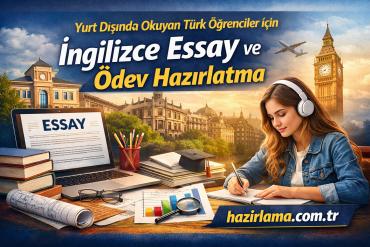 Promotional banner for Turkish students abroad offering English essay and assignment help, with a student writing and a laptop showing ‘ESSAY’ on screen, and London landmarks in the background.