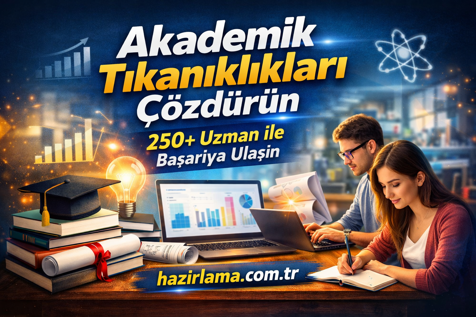 Promotional banner for academic help with two students at a laptop, many books, and charts, advertising 250+ experts for success in Turkish text