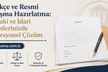 Turkish legal document preparation banner advertising professional legal and administrative solutions with a pen and forms.
