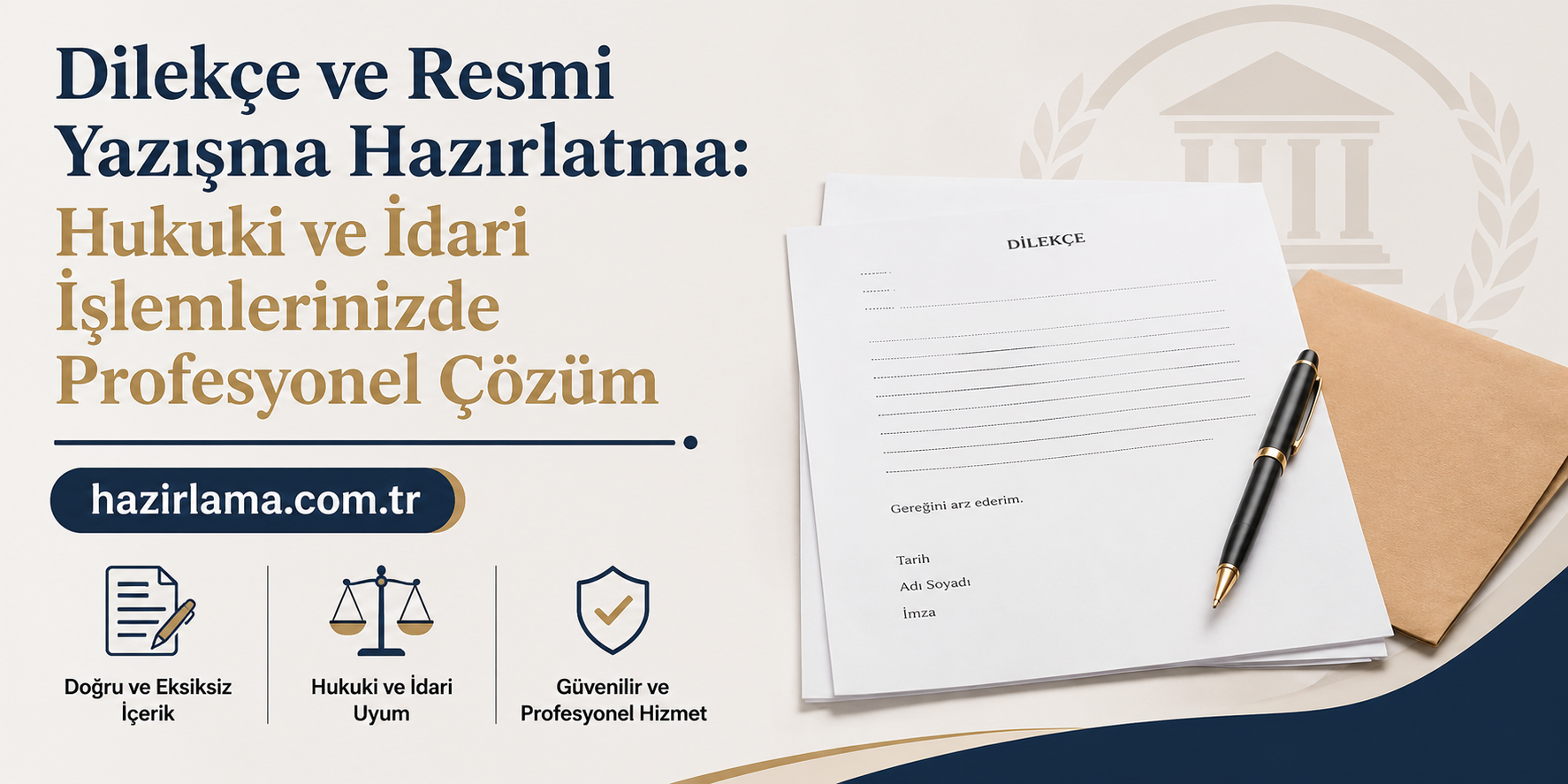 Turkish legal document preparation banner advertising professional legal and administrative solutions with a pen and forms.