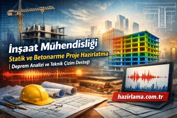 İnşaat sahnesi: vinç, renkli yapı iskeleti, planlar ve sarı kask ile deprem analizi ekranı içeren reklam görseli.