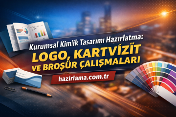 Promotional banner for corporate identity design: logo, business cards, brochures, and color swatches.