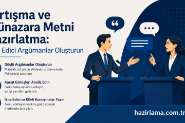 Banner promoting persuasive arguments with two speakers at podiums and checklist on the left in Turkish: 'Tartışma ve Münazara Metni Hazırlatma: İkna Edici Argümanlar Oluşturun'.