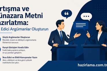Banner promoting persuasive arguments with two speakers at podiums and checklist on the left in Turkish: 'Tartışma ve Münazara Metni Hazırlatma: İkna Edici Argümanlar Oluşturun'.