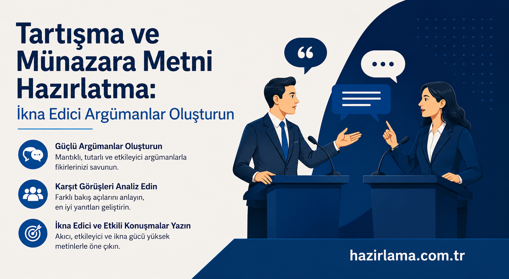 Banner promoting persuasive arguments with two speakers at podiums and checklist on the left in Turkish: 'Tartışma ve Münazara Metni Hazırlatma: İkna Edici Argümanlar Oluşturun'.