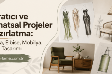 Hero banner in Turkish announcing 'Yaratıcı ve Sanatsal Projeler Hazırlatma: Moda, Elbise, Mobilya, Ürün Tasarımı' with URL hazirlama.com.tr; shows fashion sketches, a chair, plant, and product drawings on a mood-board.