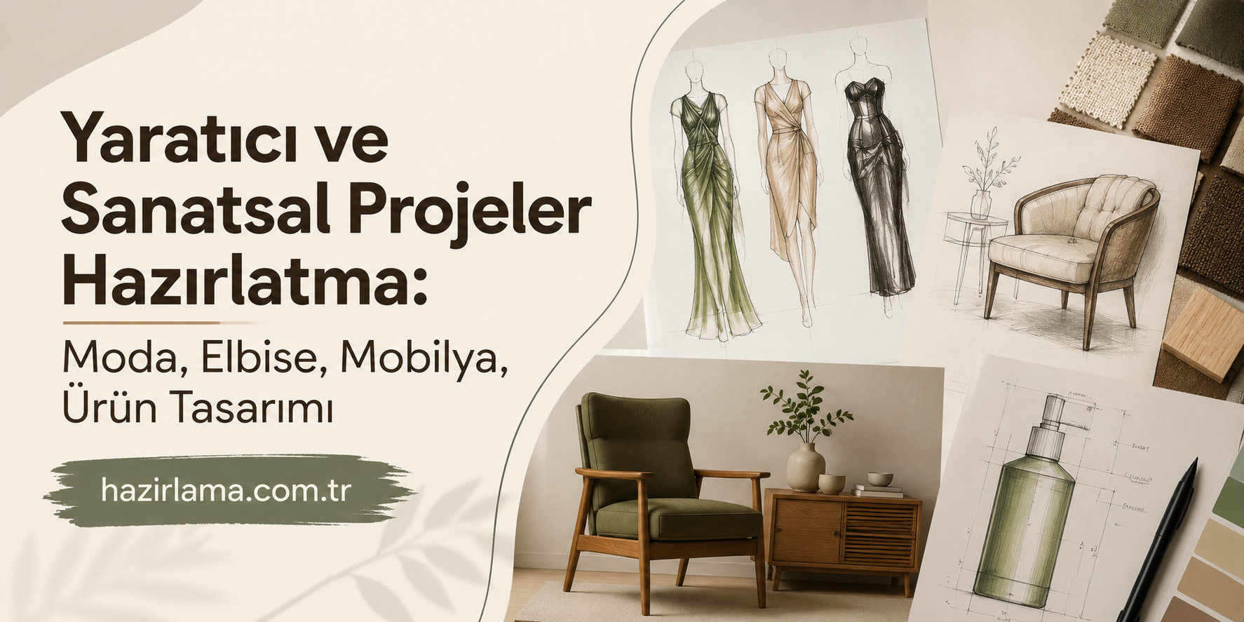 Hero banner in Turkish announcing 'Yaratıcı ve Sanatsal Projeler Hazırlatma: Moda, Elbise, Mobilya, Ürün Tasarımı' with URL hazirlama.com.tr; shows fashion sketches, a chair, plant, and product drawings on a mood-board.