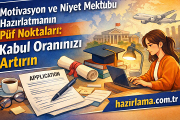 Poster showing a woman typing on a laptop at a cluttered study desk with a rolled diploma, glasses, coffee, and books, and a hazirlama.com.tr banner.