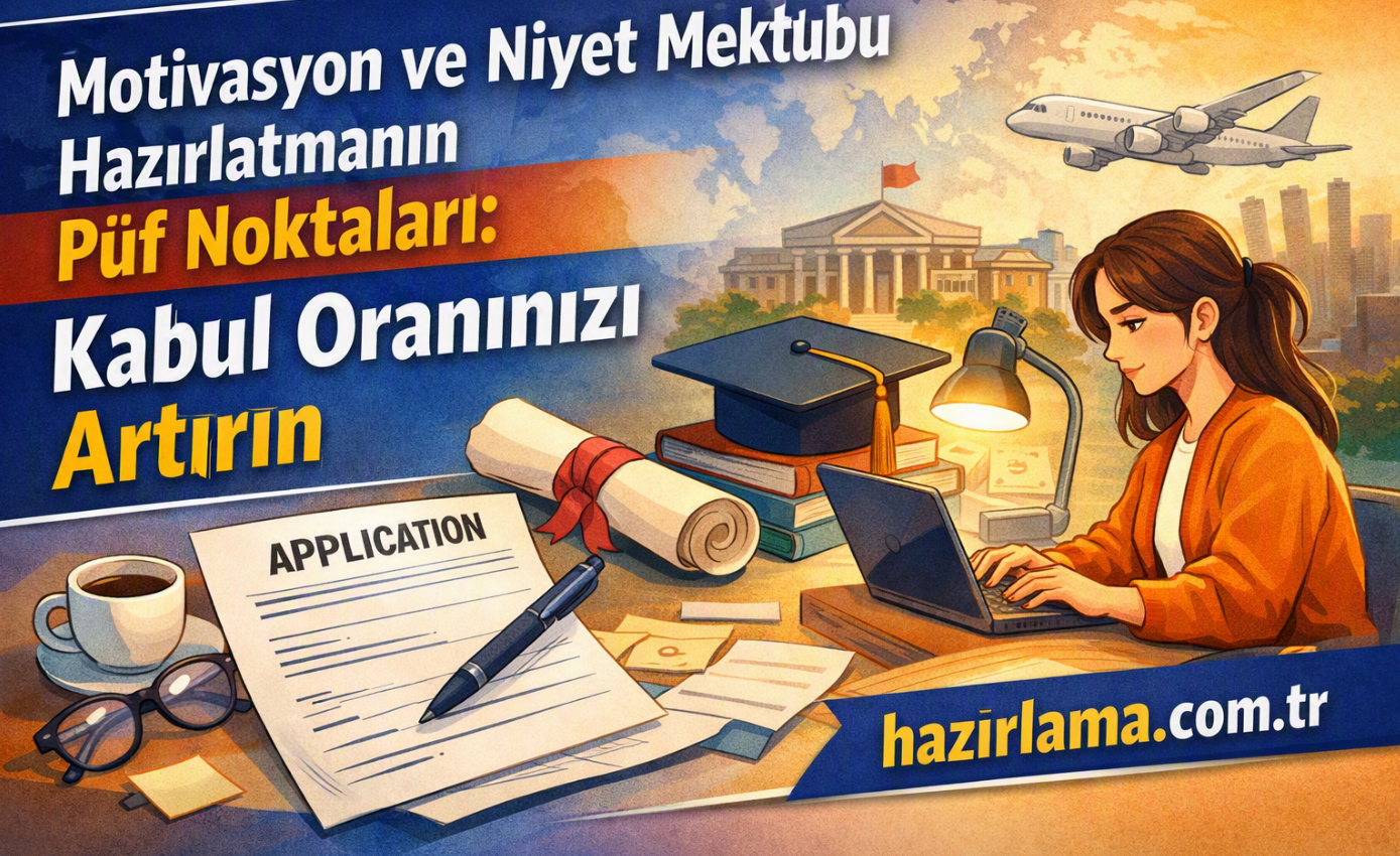 Poster showing a woman typing on a laptop at a cluttered study desk with a rolled diploma, glasses, coffee, and books, and a hazirlama.com.tr banner.