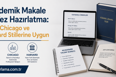 Akademik Makale - Hazırlamak İstediğiniz Her şey İçin Tek Adres Banner promoting Turkish academic writing tips in APA, Chicago, and Harvard styles with a laptop and stacked books on the desk.