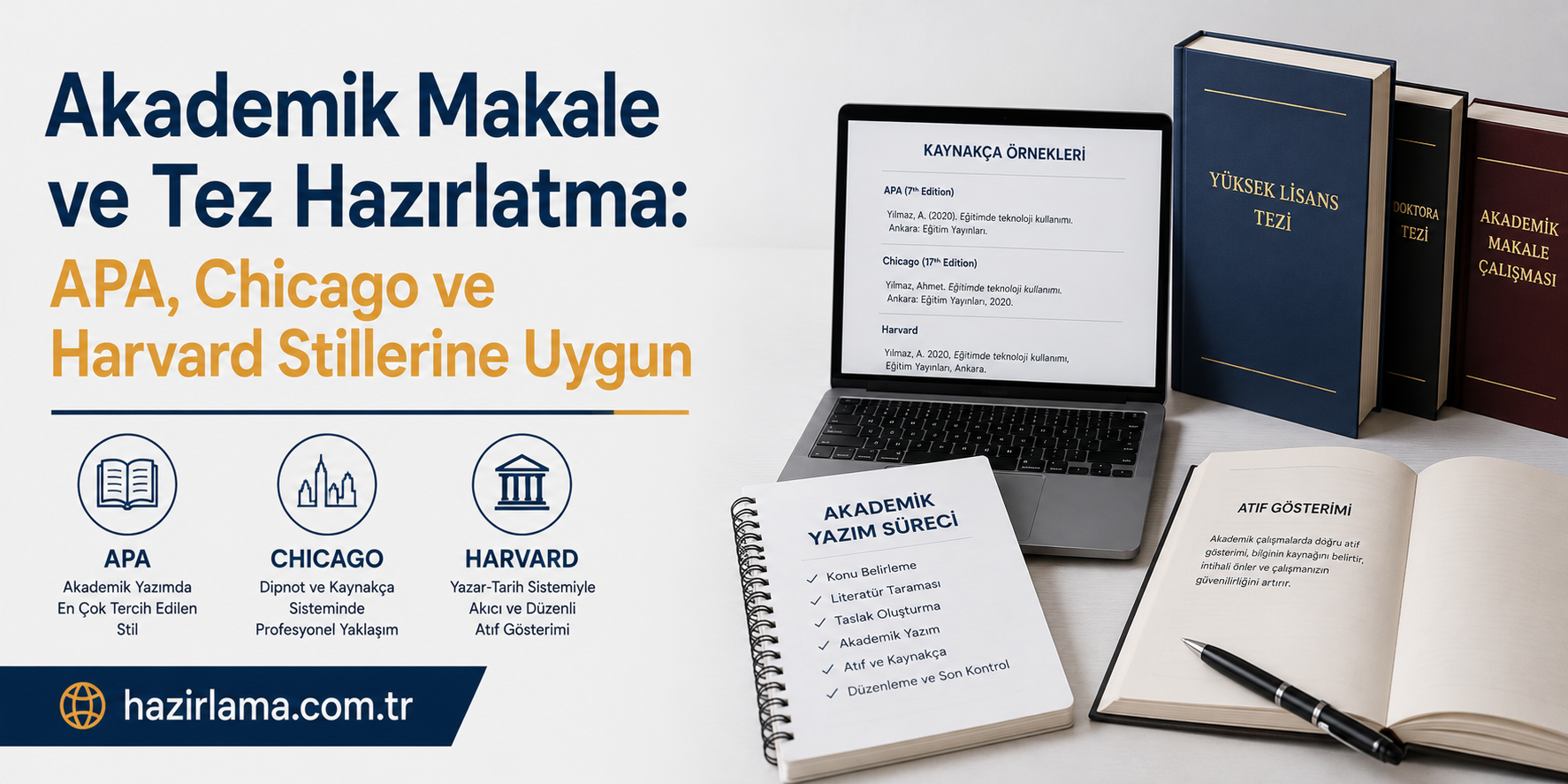 Banner promoting Turkish academic writing tips in APA, Chicago, and Harvard styles with a laptop and stacked books on the desk.